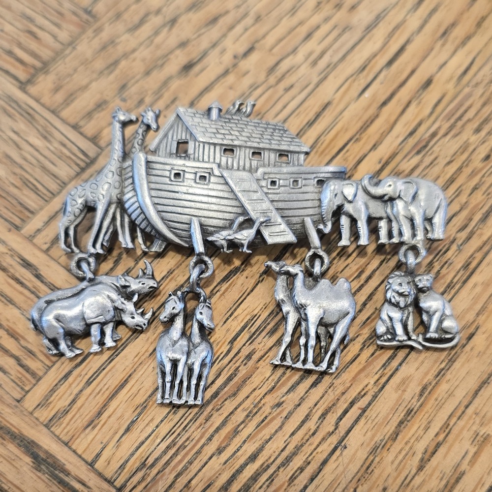J&J Silver Tone Noah's Ark Animal Dangle Brooch Pin Vintage Rino Elephant camel